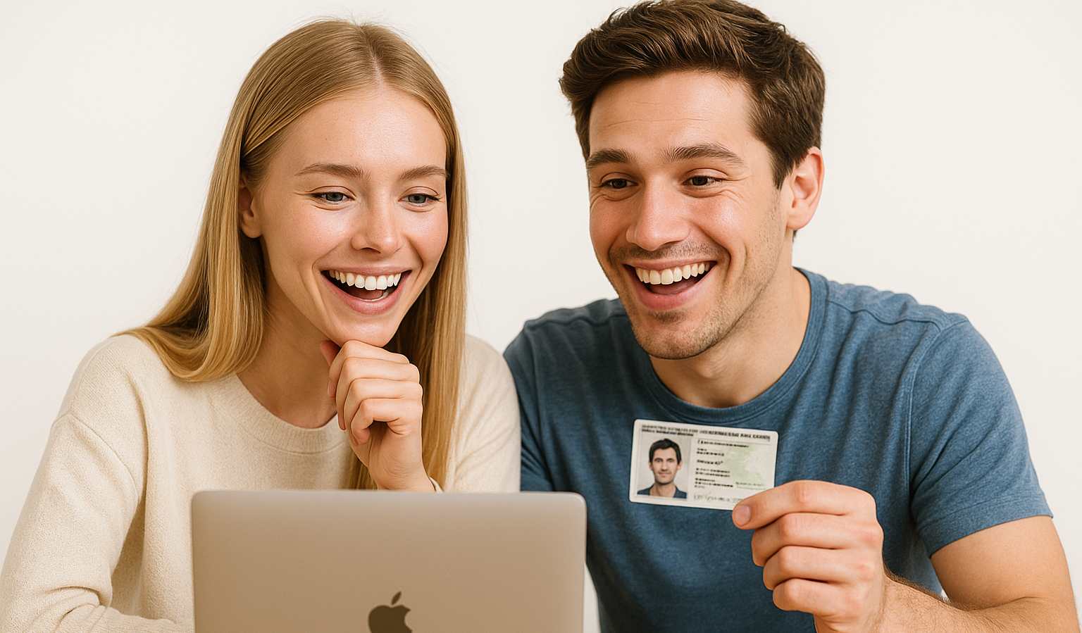 Ein übertrieben glückliches paar will eine Kreditkarte Online beantragen