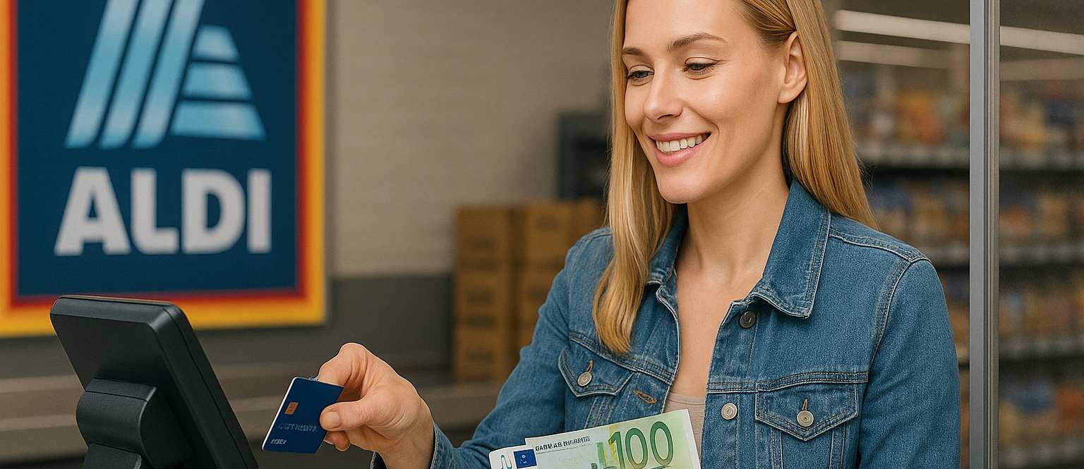 Blonde Frau an einer ALDI Süd Supermarktkasse hebt mit ihrer Kreditkarte Geld ab