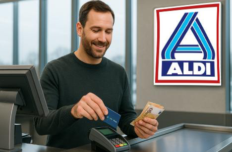 Mann hebt bei ALDI NORD an der Kasse mit seiner Kreditkarte Geld ab