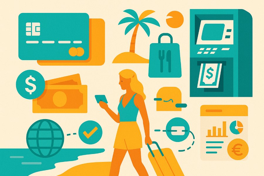 Infografik zum Thema EC Karte Ausland Geld Abheben mit Isotype Symbolen zu Reisen, Bargeldabhebung, Kartenzahlung und flexiblen Zahlungsmitteln im Urlaub