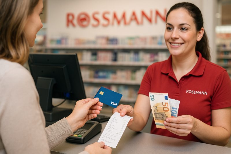 Brünette Frau an einer ROSSMANN Drogeriemarkt-Kasse hebt mit ihrer Karte Geld ab