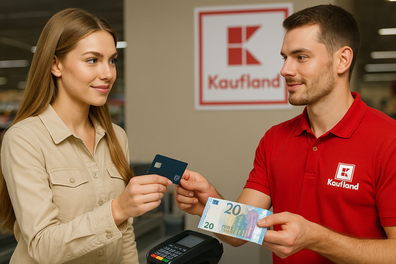 Kundin hebt Geld mit ihrer Kreditkarte bei einer Kaufland-Filiale bei einem Kaufland-Kassierer ab - KI generiertes Bild