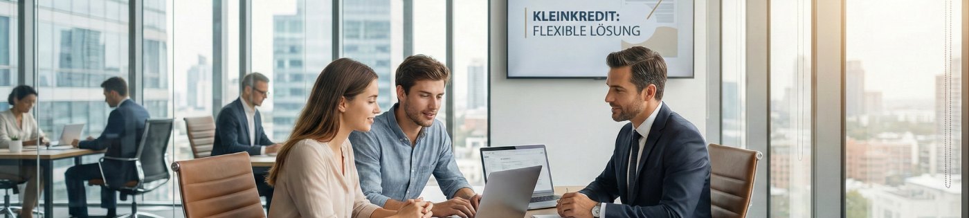Junges Paar bei der Beratung für einen Kleinkredit im modernen Büro