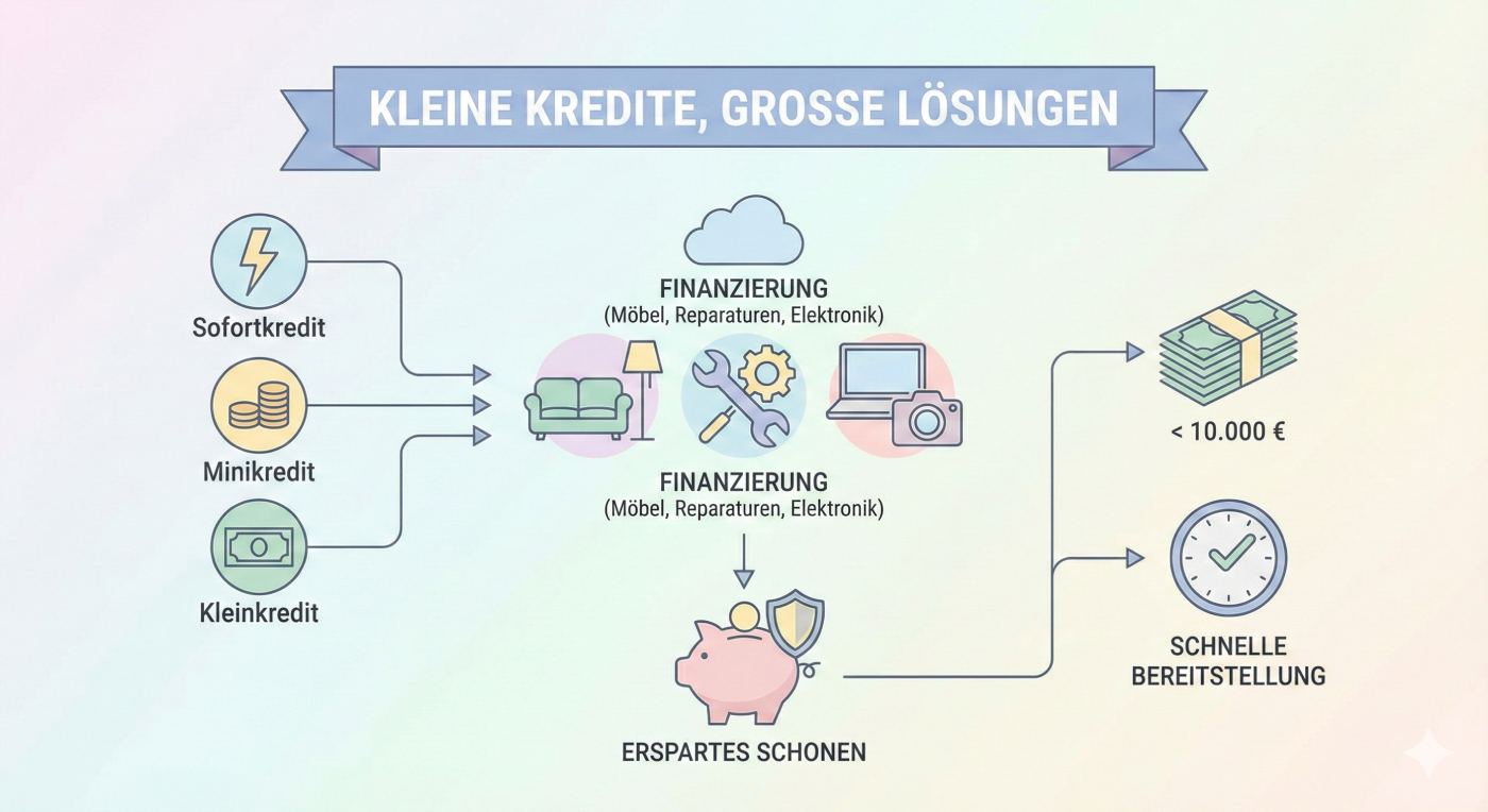 Infografik im Pastell-Stil: Kleinkredit, Sofortkredit und Minikredit als schnelle Finanzierungslösung bis 10.000 Euro für Anschaffungen, ohne Erspartes anzutasten.