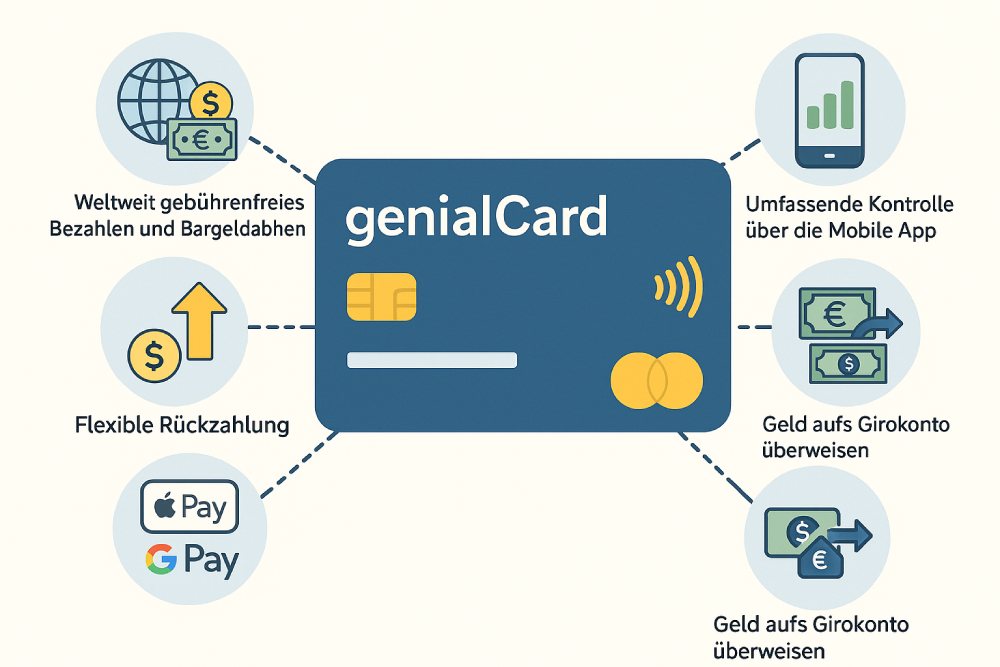 Infografik zeigt Vorteile der GenialCard Kreditkarte der Hanseatic Bank mit Symbolen für weltweites Bezahlen, flexible Rückzahlung, Apple Pay, Google Pay, Mobile App und Geldüberweisung – Fokus auf transparente Kreditkarte Kosten.