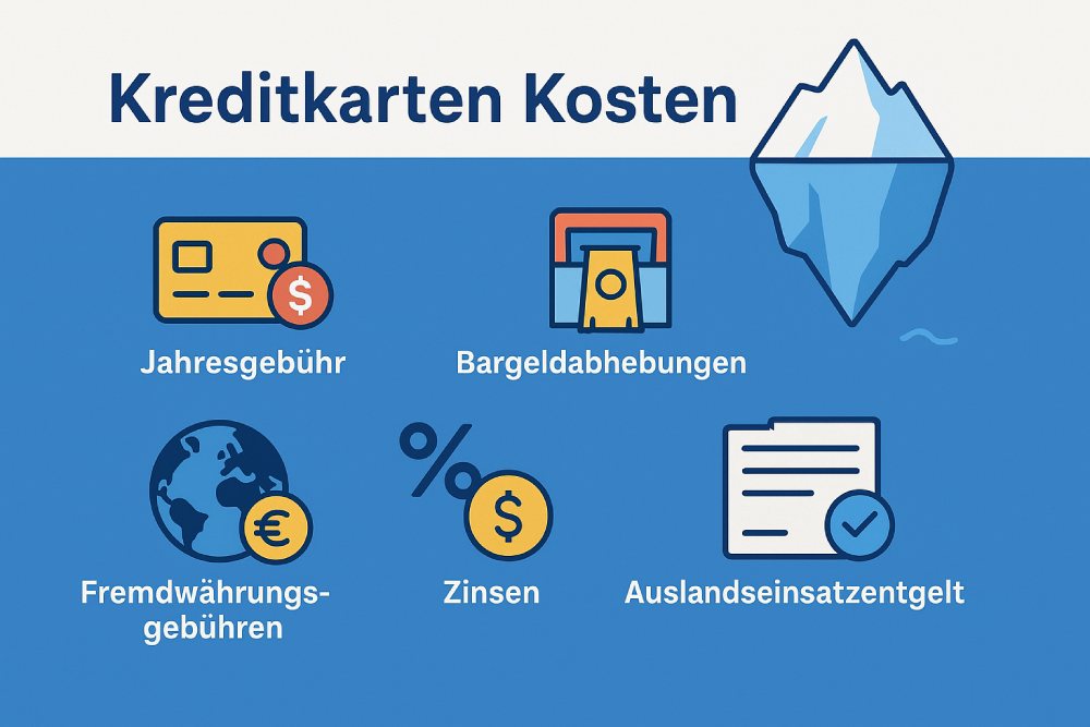 Infografik zeigt verschiedene Kreditkarte Kosten wie Jahresgebühr, Bargeldabhebungen, Fremdwährungsgebühren, Zinsen und Auslandseinsatzentgelt – visualisiert als Eisbergmodell mit Symbolen.