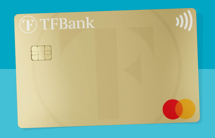 Comicartige Darstellung der TF Bank Mastercard Gold (echte Mastercard Kreditkarte) der schwedischen TF Bank